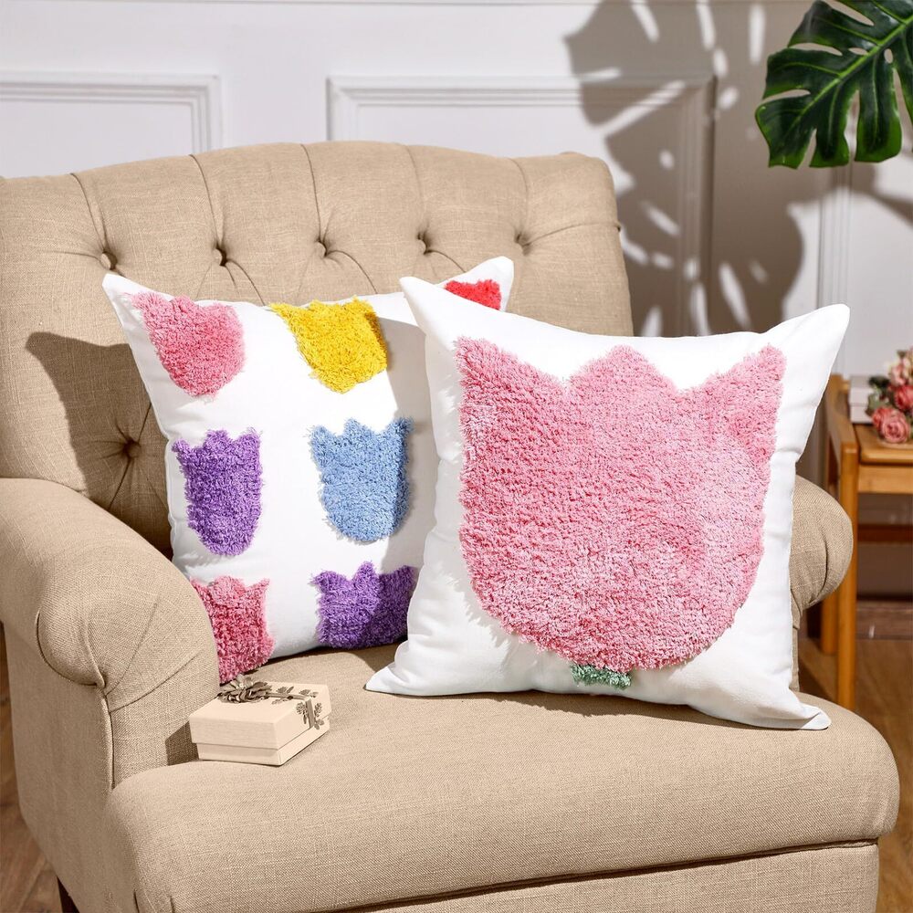 8211 Set of 2 Tulip Pillow Covers 18x18 Inch Embroidered Floral Pillowcases